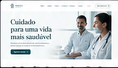 Prévia ilustrativa de layout para consultório médico, com visual claro e fotografias profissionais.