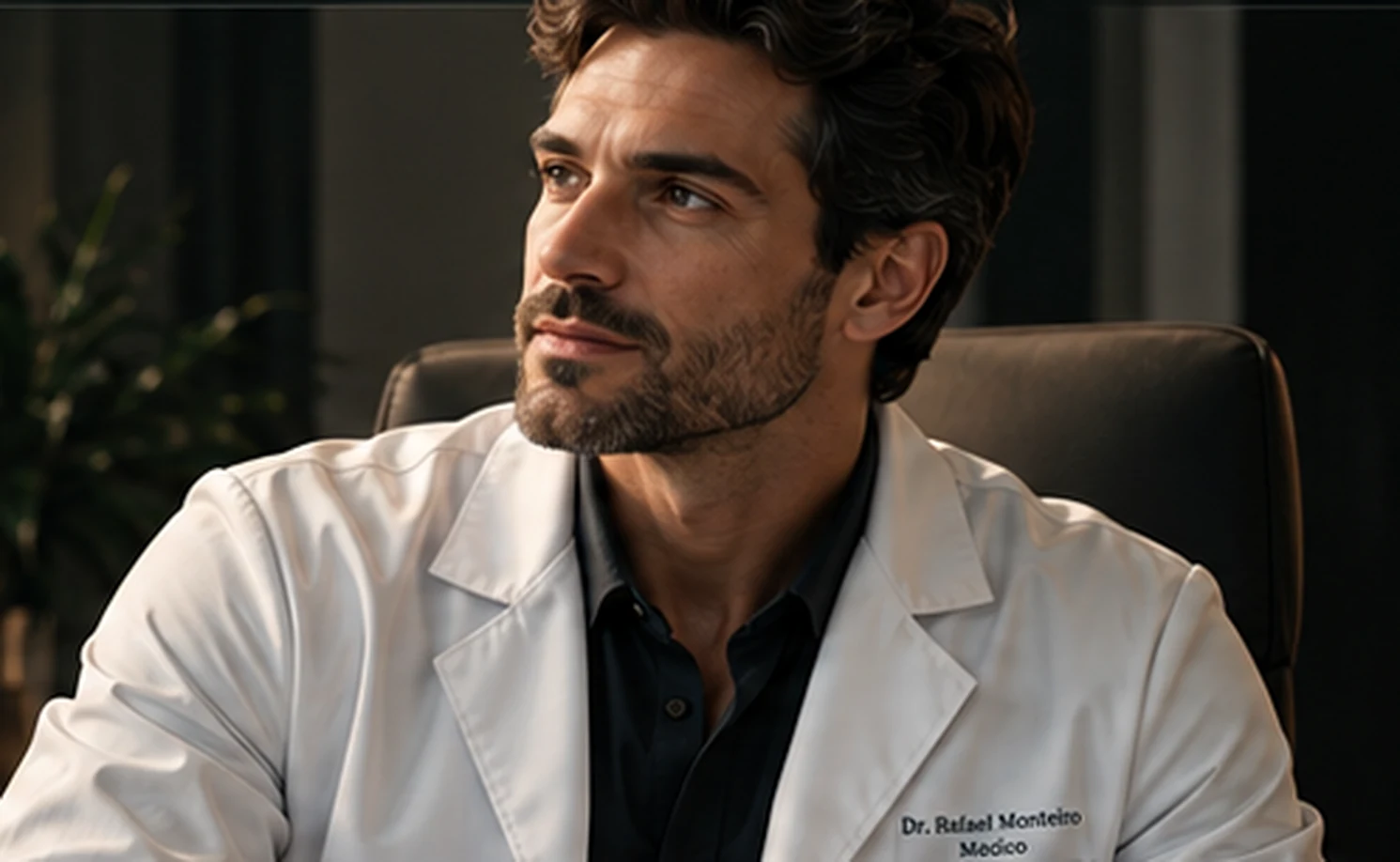 Retrato editorial ilustrativo de um médico em consultório